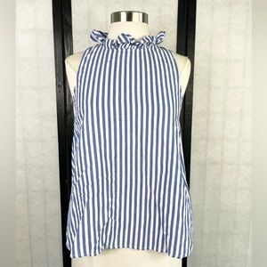 Pomander Place Blue and White Striped Ruffle Neck Blouse